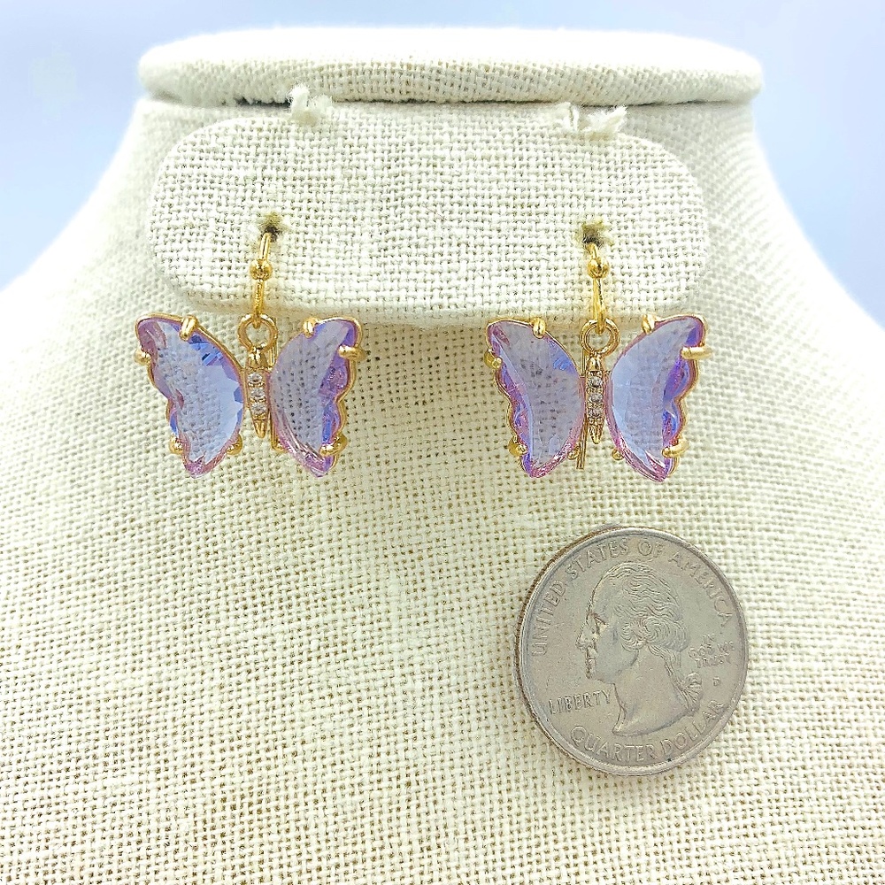 Butterfly Glass Dangle Earrings - Purple